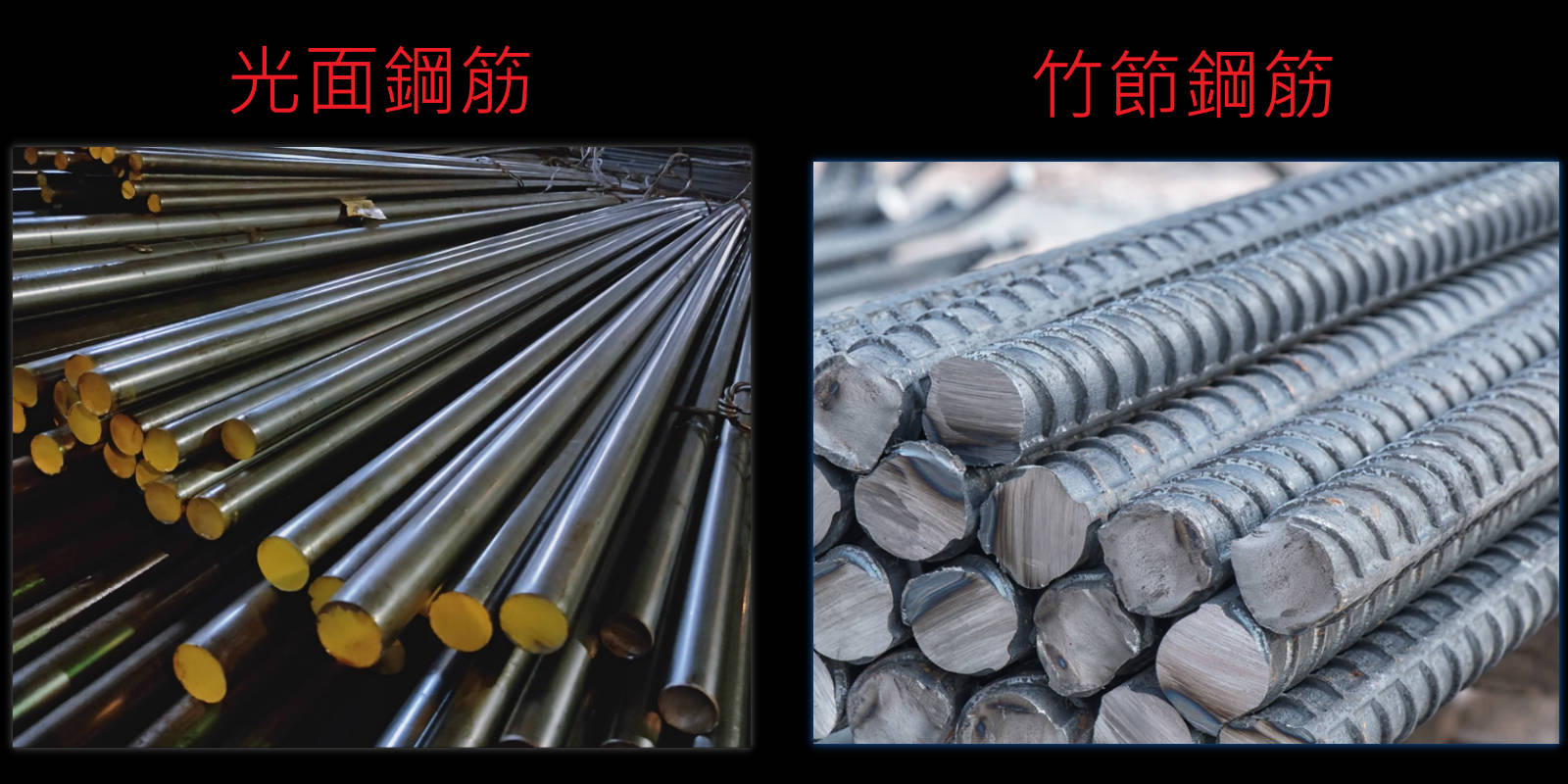 兩種鋼筋的並排特寫：左為光面鋼筋，整支表面光滑無紋；右為竹節鋼筋，表面佈滿一圈圈橫向凸肋，並有一道縱向肋貫穿