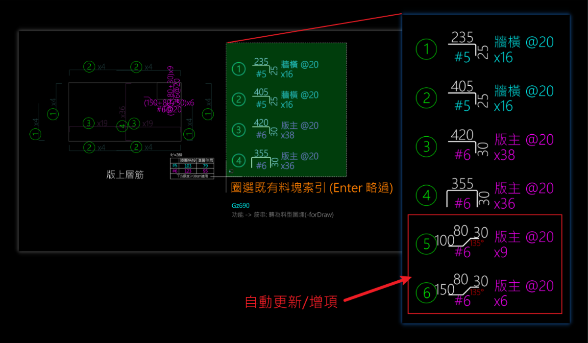 圈選既有料塊索引以接續編號的畫面，圈選整份既有清單的索引圈與圖塊範圍