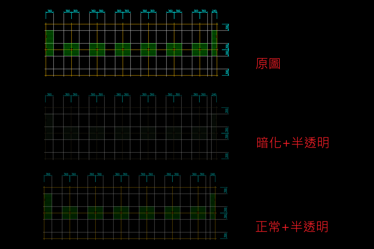 套繪圖塊建立前後對照：原始物件的顏色與線粗，對比放入套繪圖層後螢幕上呈現的淡化效果