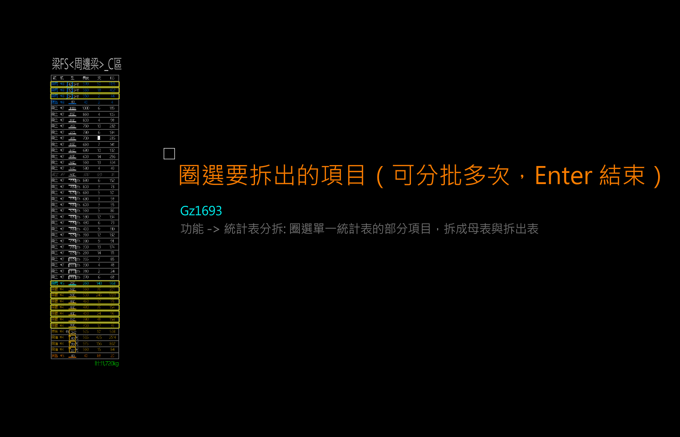 圈選過程中，已累積選取的統計表列被框線標示出來的畫面